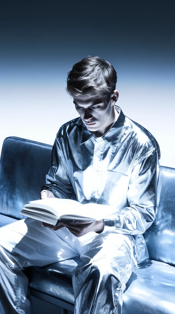 A young man sits in the center foreground, gazing downward at an open book cradled in his hands, captured in an ultra-modern, high-fashion editorial style defined by an icy blue and metallic silver color palette. He is illuminated by an intense, harsh directional studio flash that creates extreme high contrast, casting razor-sharp, deep charcoal shadows and hyper-reflective, brilliant white highlights across his features and clothing. The pages of the open book glow stark white under the glaring illumination. Behind him rests an upholstered bench seat, its surface catching sleek, glossy reflections that lend it a cold, polished appearance. The composition utilizes a slightly low-angle perspective, isolating the central figure and bench against a stark, minimalist gradient background transitioning from deep slate blue at the upper edge to a vivid, frosty white behind the subject. The overall visual rendering is pristine and clinical, characterized by a surreal, chrome-like sheen and exacting, sharp focus throughout.