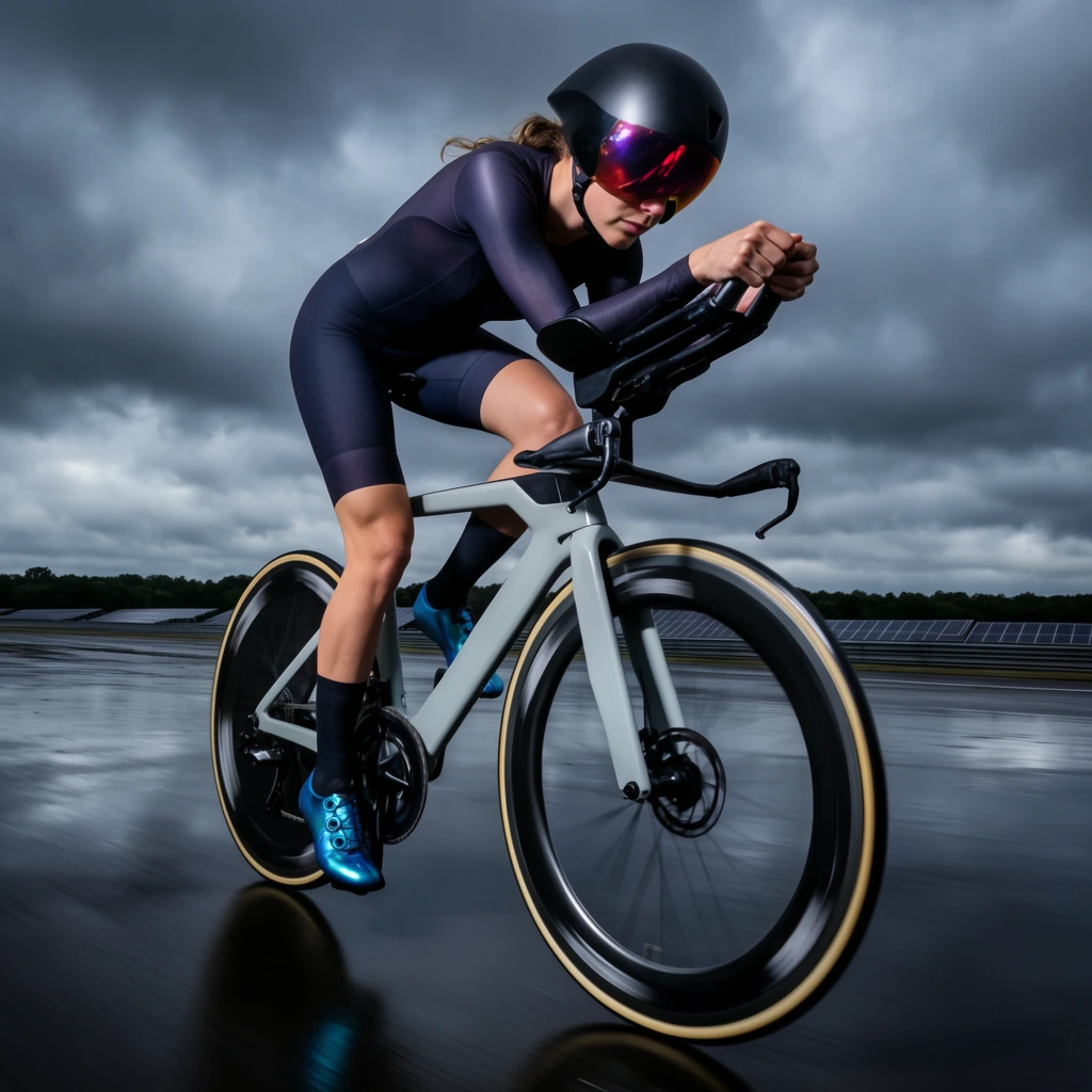 A female cyclist in a dark aerodynamic skinsuit powers a light grey time-trial bicycle across a wet, reflective tarmac surface under a dramatic, overcast sky. Tucked into an aggressive racing position, she grips the forward aerobar extensions. She wears a black teardrop helmet with an iridescent red-purple visor and bright metallic blue cycling shoes. The angular bicycle features deep-profile black wheels with tan sidewalls. A low-angle tracking shot captures the speed with motion blur on the spinning wheels. The expansive, flat track is bordered by a distant dark tree line and solar arrays, rendered in a moody, high-contrast sports photography style with cool tones emphasizing intense forward momentum.