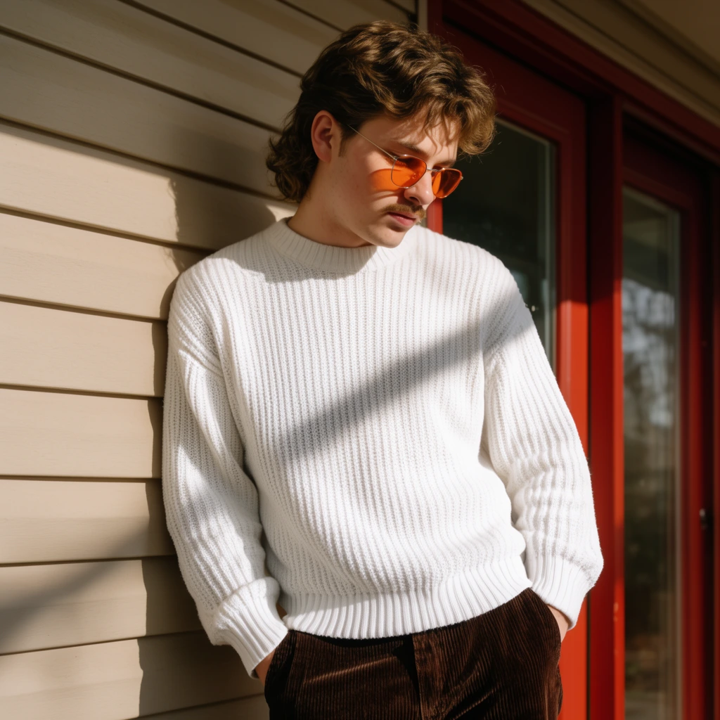 young man leaning casually against beige horizontal house siding, wavy brown mullet hairstyle, thin mustache, orange-tinted wire-rimmed sunglasses, thick white ribbed knit crewneck sweater, dark brown corduroy pants, hands resting in front pockets, head tilted downward, red-framed glass door in the background, harsh direct sunlight, strong diagonal shadows cast across the torso and face, warm color palette, sharp focus, candid portrait photography