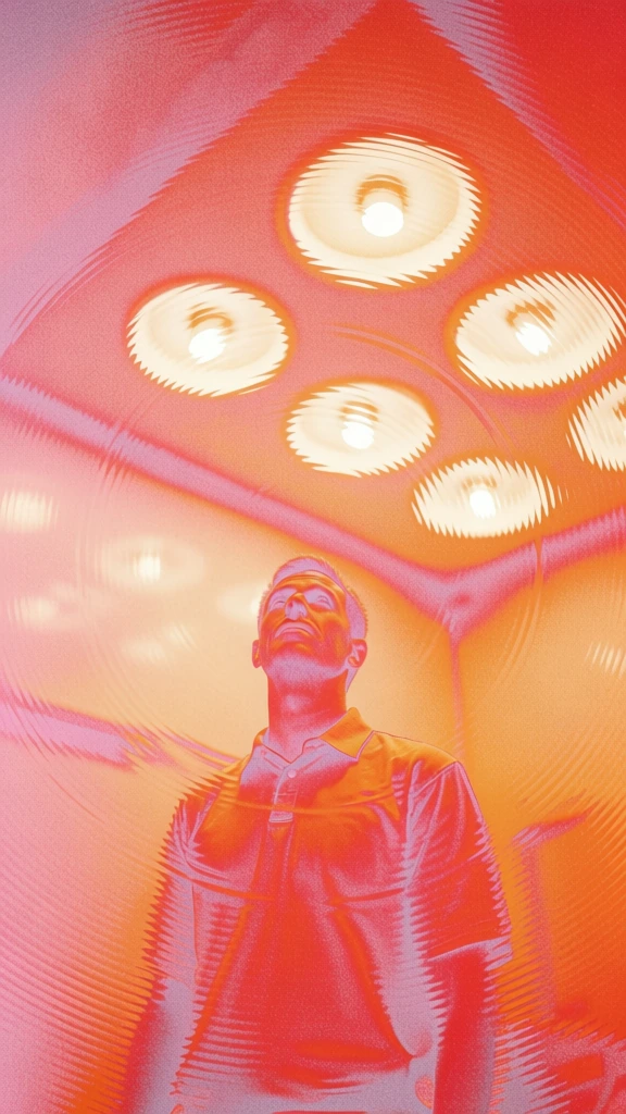 grainy pointillism, psychedelic ripple distortion, a man standing in the foreground looking up at rows of glowing circular ceiling lights, heavy digital noise texture, warm gradient palette of salmon pink, vibrant orange, and deep red, interference patterns merging subject and environment, ethereal retro-futuristic aesthetic, soft focus glow, stippled atmospheric rendering, concentric waves warping the perspective, high-contrast saturation, impressionistic digital grain.