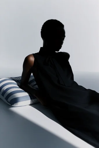 Monochromatic Sculptural Noir style reference image — minimalist editorial fashion