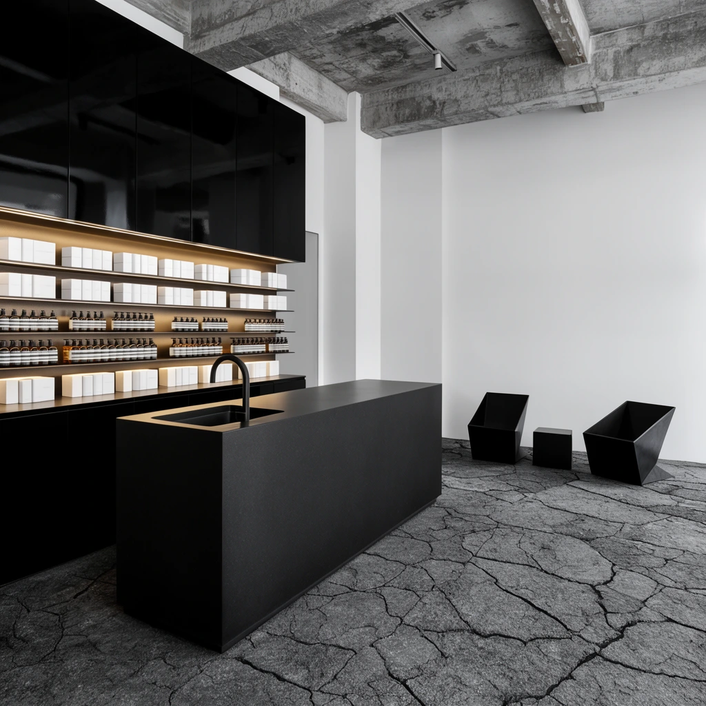 minimalist luxury retail interior, matte black counter with built-in sink, warm under-cabinet lighting on neat rows of white boxes and amber bottles, glossy black cabinets, exposed concrete ceiling, stark white walls, lounge area with two angular black chairs, striking textured grey floor resembling cracked stone slabs, high contrast monochrome palette, sharp architectural photography