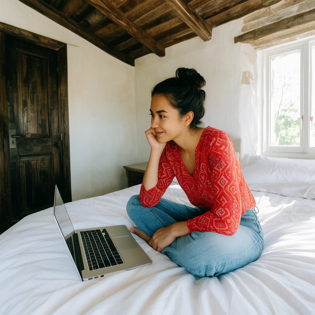 young woman sitting cross-legged on a white bed, red patterned top, open laptop beside her, rustic bedroom interior, dark wood door, bright natural light, wide-angle lifestyle photography