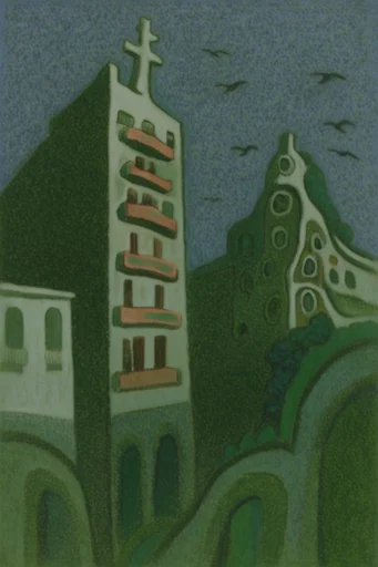 Melancholic Pastoral Surrealism style reference image — muted moss green palette