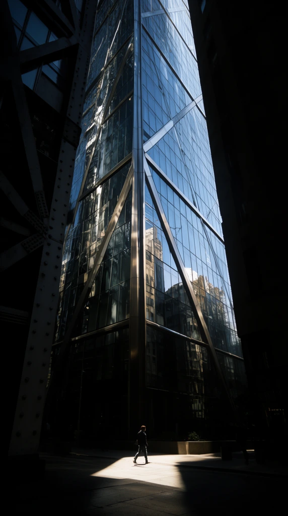 A towering glass skyscraper with diagonal steel bracing dominates a shadowed urban canyon, reflecting surrounding architecture. A dramatic low-angle perspective emphasizes the monolithic scale of the buildings framing the central structure in deep shadows. On the left, a dark facade features large metal rivets and angular supports, contrasting with the highly reflective blue and silver glass wall of the main tower. At the base, a pedestrian steps into a sharp, rectangular beam of sunlight piercing through the gloom, providing a focal point of human scale. Cinematic lighting creates extreme chiaroscuro, pitting deep blacks of the street level against the crisp reflections of the sky in the vast glass panes above.