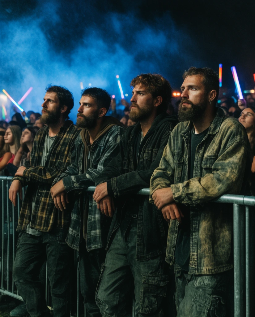 Four rugged bearded men lean against a steel barricade at a nighttime outdoor concert. They wear layered grunge attire with oversized faded flannels and dark cargo pants, all gazing intently toward the left. Behind them, a dense crowd is enveloped in atmospheric mist and illuminated by dramatic blue stage lighting. Glowing neon light sticks add bright streaks to the dark background in this cinematic medium-shot photograph.
