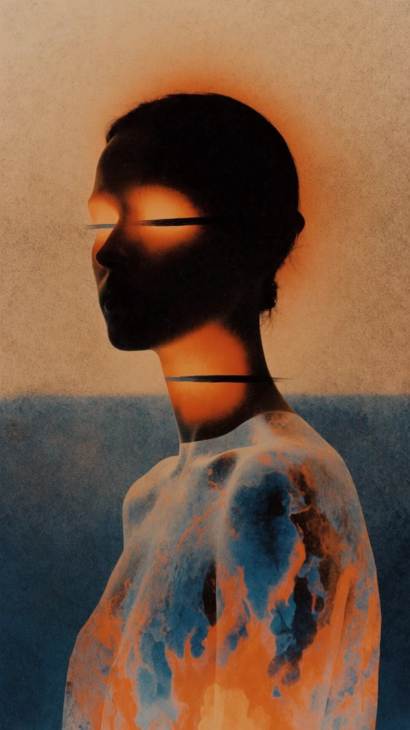 A surreal, stylized portrait of a person in profile features glowing orange eyes and a translucent, textured torso against a dual-toned, grainy background. The central figure is a person viewed from the left side, their head and face appearing as a dark silhouette. Intense orange light radiates from the eye area, which is partially obscured by a thin, dark horizontal bar, while a similar glowing orange patch with a horizontal bar is positioned at the base of the neck. The figure's body from the shoulders down is semi-transparent, filled with a mixture of swirling blue and orange textures that resemble flames or watercolor pigments. The background is divided horizontally into two distinct sections: the upper portion is a light, warm tan with a heavy, sand-like grain, while the lower portion is a darker, desaturated blue-gray with similar heavy texture. The composition is centered, using a side-profile perspective that emphasizes the silhouette. The lighting is dominated by the internal orange glow emanating from the figure’s face and neck, casting a soft, warm aura around the dark head. The color palette consists of high-contrast warm oranges and earthy browns against cool, dark blues. The overall artistic style is surrealist and expressionistic, blending a photographic silhouette with digital distortion and heavy painterly grain.