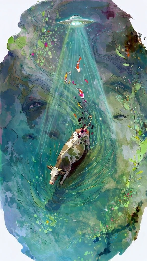 top-down bird's-eye view, painterly illustrative style with loose textured brushstrokes, ethereal magical realism, lush emerald green and teal palette, a central cow in swirling grass, a translucent glowing blue tractor beam descending from a ufo, black spots being pulled from the cow’s hide floating upward like koi fish through light, a hidden celestial face subtly formed in the landscape, scattered wildflowers, soft atmospheric lighting, fluid organic textures, serene mysterious mood