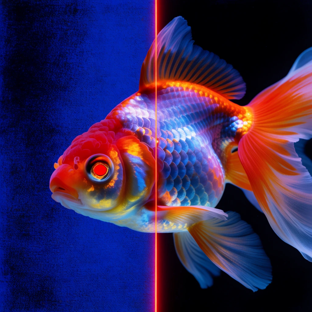 macro close-up of a goldfish with long flowing fins, deep cobalt blue skin with granular canvas texture, high contrast chiaroscuro lighting, a vibrant glowing neon red vertical line bisecting the composition, brilliant incandescent red eye iris, cinematic surrealist aesthetic, moody high-fashion editorial style, ethereal lighting against a black background, ultra-detailed textures on scales and fins, primary color palette of electric blue and burning orange-red.