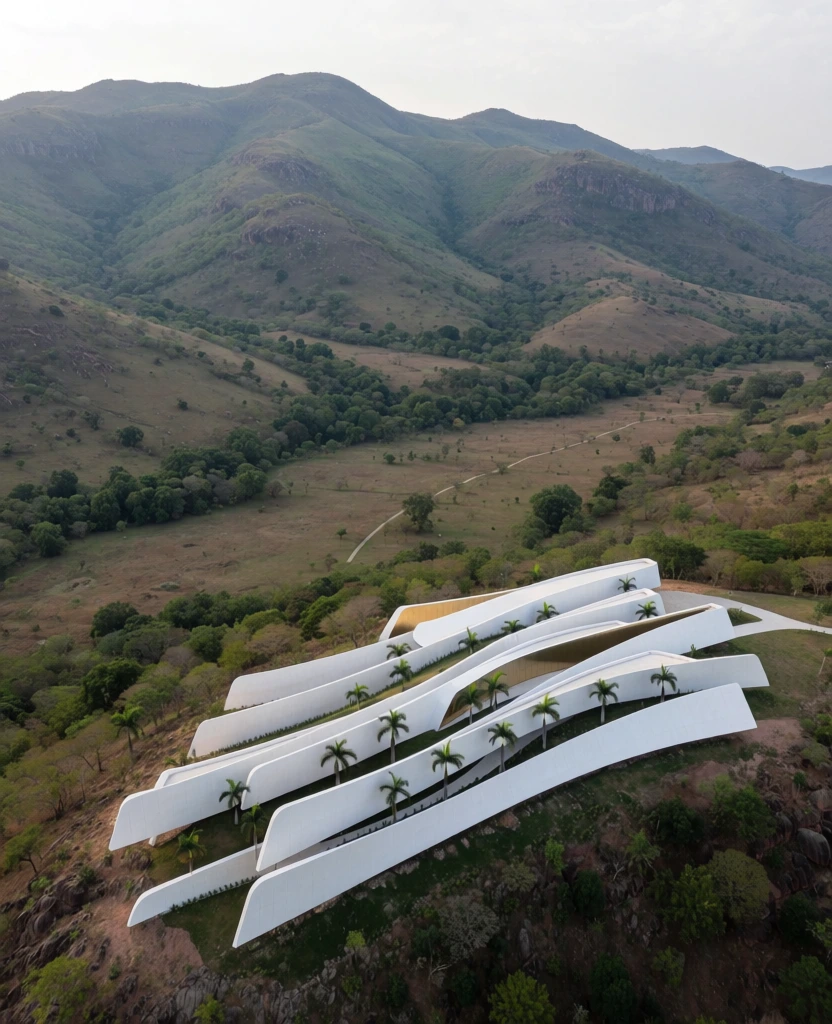 An aerial shot captures a modern, white architectural structure composed of several long, curvilinear, blade-like sections arranged in a series of parallel, overlapping layers on a rugged hillside. These white segments vary in height and length, following the natural contour of the slope, with small green palm trees planted in the terraced corridors between the walls. Some of the inner vertical surfaces of these sections feature a reflective golden finish. The building is positioned on a rocky elevation that overlooks a vast, rolling valley characterized by patches of dry brown grass, clusters of green foliage, and a thin, light-colored path winding through the landscape. In the background, massive, undulating mountains rise towards a pale, overcast sky, their slopes covered in a mix of green vegetation and rocky outcrops. The high-angle perspective emphasizes the contrast between the sharp, clean lines of the white artificial structure and the irregular, organic forms of the natural terrain under soft, diffused lighting.
