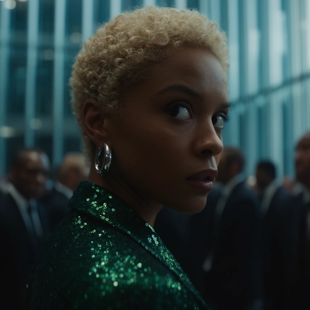 cinematic close-up portrait of a woman looking sharply over her shoulder, short blonde curly hair, intense observant gaze, chunky silver hoop earring, emerald green sequined blazer, blurred modern interior, vertical glass architecture, out of focus crowd in formal dark suits, moody cinematic lighting, cool cyan background tones, shallow depth of field, dramatic atmospheric shadow