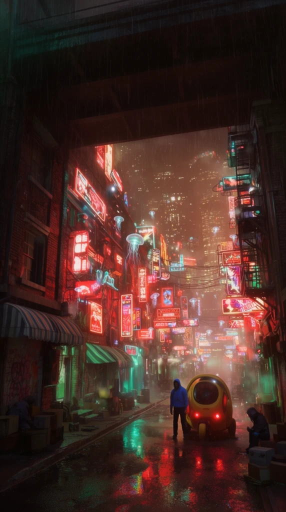 A rain-swept, neon-drenched futuristic city street at night framed by a massive dark overpass. A figure in a blue hooded jacket stands on the glistening asphalt near a rounded yellow pod vehicle with glowing red taillights. Another figure sits huddled beside stacked boxes on the shadowed sidewalk. The narrow urban canyon is flanked by brick buildings completely encrusted with overlapping glowing signs radiating intense crimson, emerald, and cyan light. These vibrant illuminated shapes cast brilliant, saturated reflections across the wet pavement. Striped awnings, fire escapes, and tangled wires clutter the dense facades. Small, translucent glowing jellyfish-like drones float gracefully through the misty air. Through the heavy vertical rain and thick atmospheric haze, towering illuminated skyscrapers fade into the deep, warm background. The cinematic composition contrasts deep foreground shadows against the chaotic luminescence of the deep architectural sprawl.