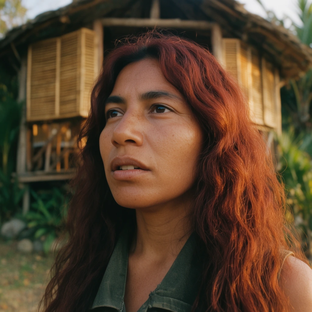 close-up cinematic portrait of an Indigenous South American woman looking off-camera, contemplative expression, slightly parted lips, long wavy auburn hair, natural warm skin tone, dark green canvas collar, out-of-focus background featuring a tropical wooden cabana with bamboo window shutters, warm golden hour sunlight illuminating her face, 35mm film aesthetic, shallow depth of field, medium close-up, organic textures, earthy color palette