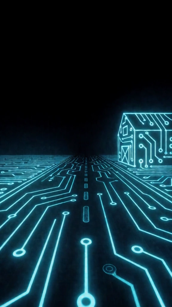 a low-angle linear perspective of a road receding into a pitch-black void constructed entirely from luminescent cyan integrated circuit traces, a stylized barn on the right composed of geometric schematic lines and circular solder pads, technical blueprint aesthetic, glowing electric blue filaments, high-contrast negative space, soft lens bloom halation on the circuitry edges, digital grid texture, minimalist cybernetic landscape, uniform line weight, 80s techno-futurism