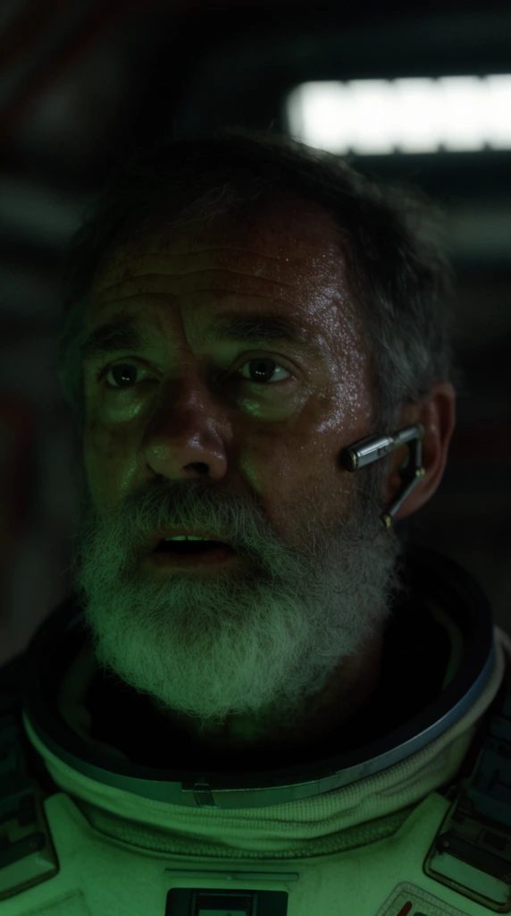 A close-up of a weathered older man with a thick gray beard staring intently off-camera with a slightly open mouth. He wears a ribbed space-suit collar and a metallic earpiece. Intense green light illuminates his sweat-sheened face from below against deep shadows. The dark, blurred industrial background features a bright rectangular light fixture, shot with a shallow depth of field for a tense, moody sci-fi atmosphere.