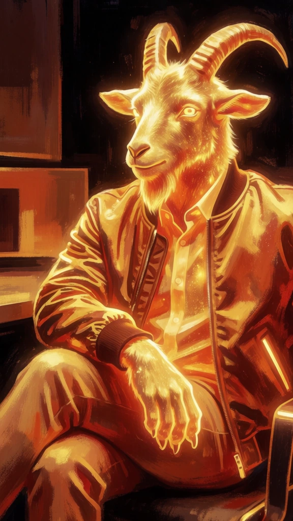anthropomorphic goat with elegant curved horns wearing a textured bomber jacket, seated in a sleek office environment, depicted in a luminous painterly style with a vibrant monochromatic palette of molten gold and fiery orange, internal glow effect radiating from the character, high contrast against a pitch-black background, visible expressive brushstrokes, soft edges, chiaroscuro lighting, cinematic close-up composition, ethereal bioluminescent textures on fur and fabrics.