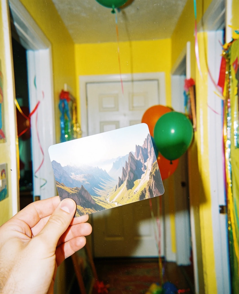 low-fidelity snapshot, hand holding a card depicting a jagged mountainous landscape, captured with a harsh frontal camera flash, high-contrast highlights, saturated primary colors, set against a narrow domestic hallway with bright yellow walls, white trim, and a centered white door, grainy texture, amateur aesthetic, vibrant balloons in green and orange floating in the mid-ground, direct lighting casting soft shadows, 2000s digital camera style, domestic liminal space feel.
