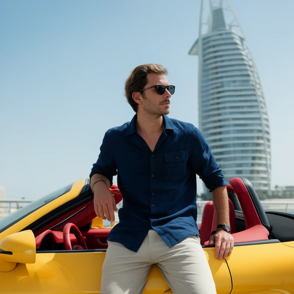 man with sunglasses sitting on yellow convertible sports car, red interior, dark blue shirt, tall sail-shaped skyscraper background, clear sky, bright daylight, lifestyle photography