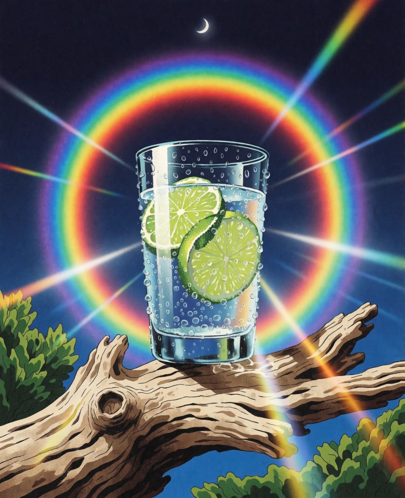 retro-surrealist digital illustration style, heavy film grain, vintage airbrushed aesthetic, a condensation-covered glass of carbonated water with fresh lime slices resting on weathered textured driftwood, central radiant lens flare with prismatic light rays, ethereal glowing rainbow circular halo framing the composition, deep navy sky transitioning to warm ochre horizon, tiny crescent moon at top center, soft hazy lighting, 1970s fantasy art aesthetic, muted earth tones, vibrant spectral highli