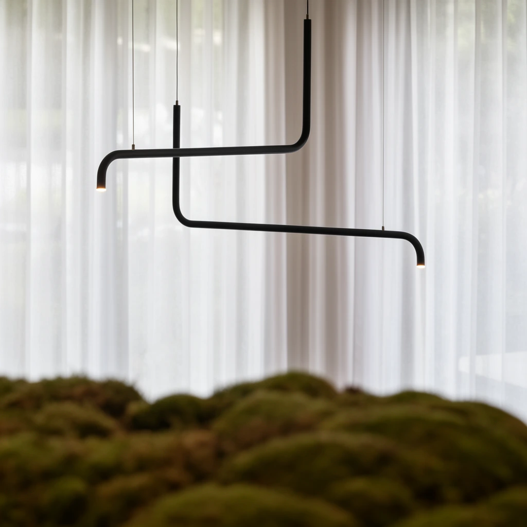 minimalist matte black pendant light, asymmetrical tubular metal with crisp right-angle bends, suspended by thin wires, small warm glowing lights at the ends, soft focus sheer white pleated curtains in background, heavily blurred earthy green moss in foreground, shallow depth of field, contemporary architectural photography, tranquil interior, soft diffused daylight, sharp dark lines against ethereal textures