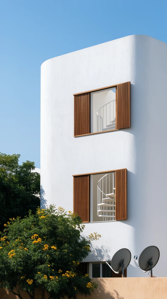 A minimalist white building with curved corners and a pristine stucco facade stands against a clear blue sky. Rectangular windows are accented by vertically slatted brown wooden shutters, revealing a white spiral staircase inside. Lush green trees with yellow flowers frame the lower left, while two grey satellite dishes rest on a low tan wall at the bottom right. Bright daylight casts sharp shadows across the modern architecture.