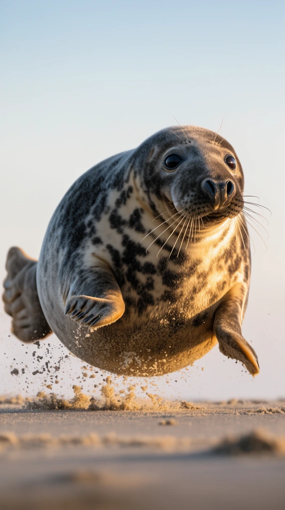A spotted grey seal bounds across a sandy beach, captured mid-gallop with front flippers extended. Clumps of sand kick up dynamically beneath its plump belly, frozen in mid-air. The animal features a mottled coat, large dark eyes, and prominent whiskers. Shot from a low angle with a shallow depth of field, the subject is isolated against a soft pale blue sky. Warm golden hour sunlight illuminates the seal, emphasizing its round form and textured skin.