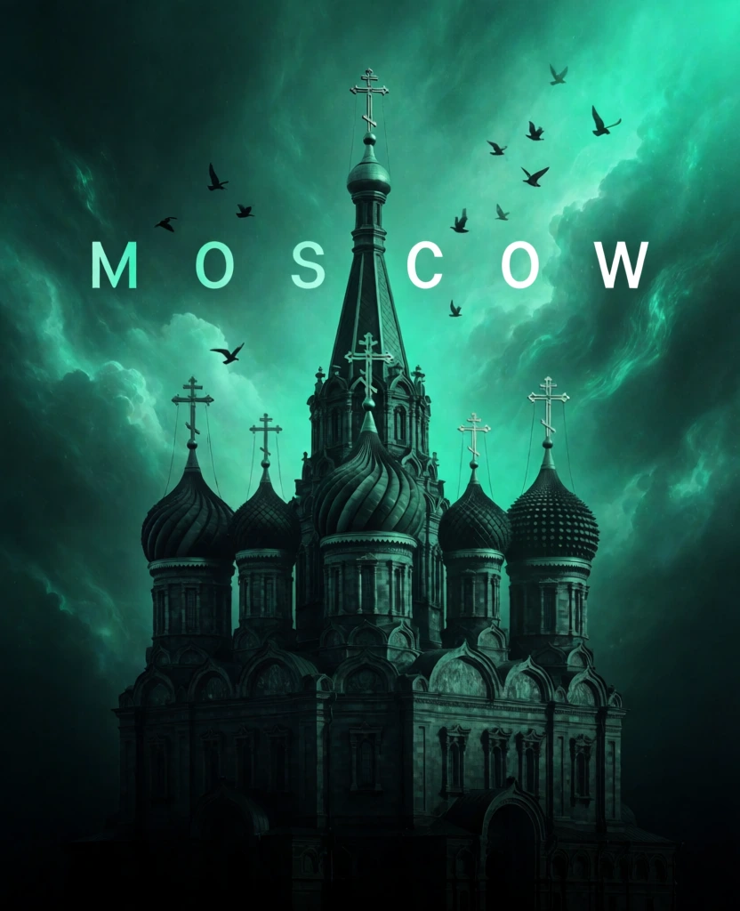 monochromatic emerald-to-black color grade, deep cyan shadows fading into a lightless abyss, volumetric crepuscular rays piercing a turbulent liquid sky, large text moscow and city of capitals towers at the top, cathedral with a central spire and seven onion domes topped with crosses below, ethereal clouds and birds, large cyrillic text москва floating in the dark negative space at the bottom, hazy atmospheric depth, high-contrast silhouette rendering.