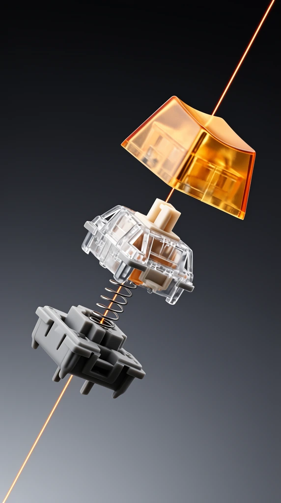 Exploded mechanical keyboard switch, floating diagonal components, translucent amber keycap, clear plastic housing, metal spring, grey base, thin glowing orange laser beam piercing the central axis, smooth dark grey gradient background, sharp macro product photography