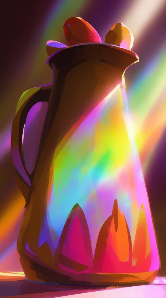A stylized 2D digital painting of a single tall pitcher featuring a left handle, three shapes at the top, and pointed forms at the base, viewed from a dramatic low-angle perspective. The pitcher is constructed using bold, painterly brushstrokes and flat, graphic planes of color. Intense, ethereal volumetric light rays cut diagonally across the composition, casting luminous highlights against deep purple and dark brown shadows. The lighting creates striking prismatic color scattering effects, bathing the object in vivid, iridescent gradients of saturated magenta, cyan, neon green, bright yellow, and rich orange. The rendering technique blends soft, glowing chromatic transitions with rough, expressive digital brush marks, establishing a highly vibrant, luminous concept art aesthetic.