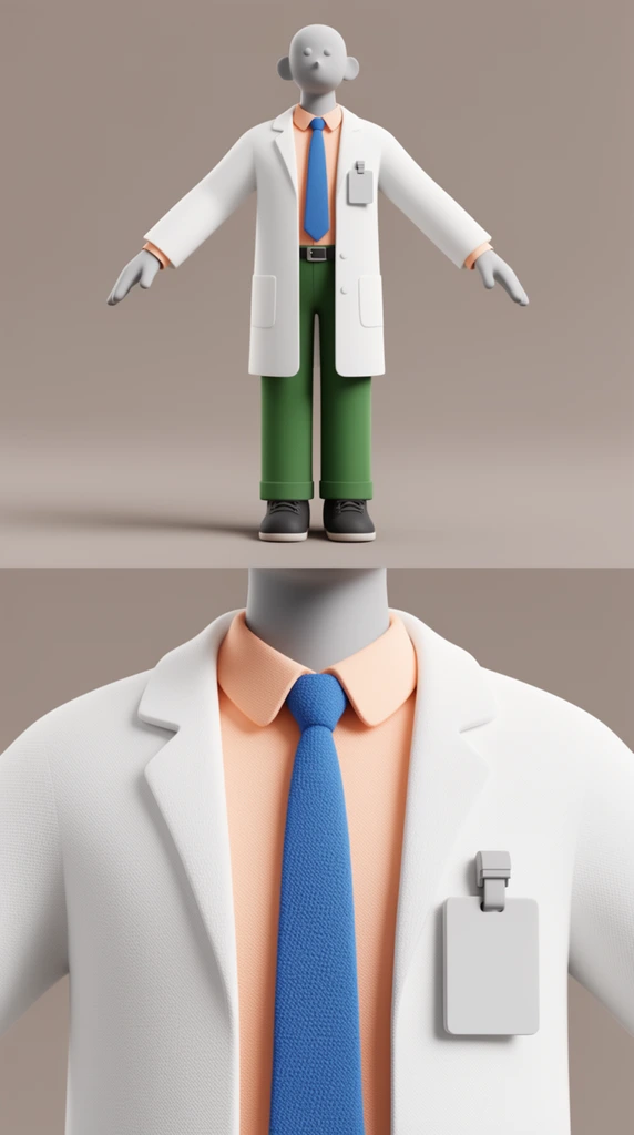 split-view 3D character model, full body and torso close-up, male figure in A-pose, untextured grey head and hands, white lab coat, peach shirt, textured blue tie, green trousers, blank ID badge, plain taupe background, soft studio lighting