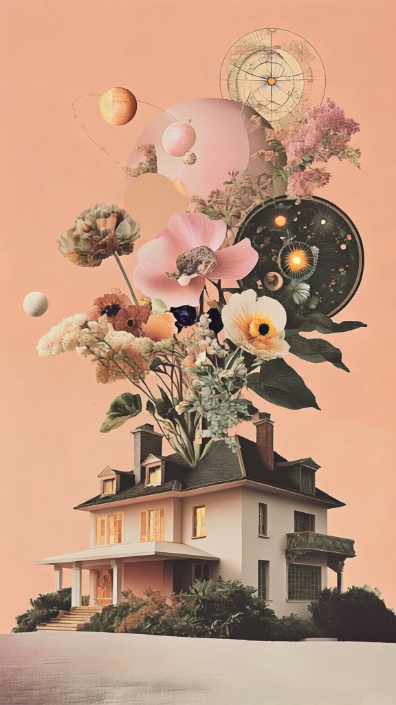 surreal collage, vintage magazine aesthetic, side profile of a grand multi-level mansion, intricate astronomical diagrams, celestial charts, and planetary orbits blooming upward like flora, suspended in a soft peach sky, muted pastel tones, cream and ochre, grainy paper texture, matte finish, minimalist composition, elegant layout, soft diffused lighting, paper cutout effect, sophisticated brand imagery, retro-futuristic, fine ink lines, minimalist monochromatic background