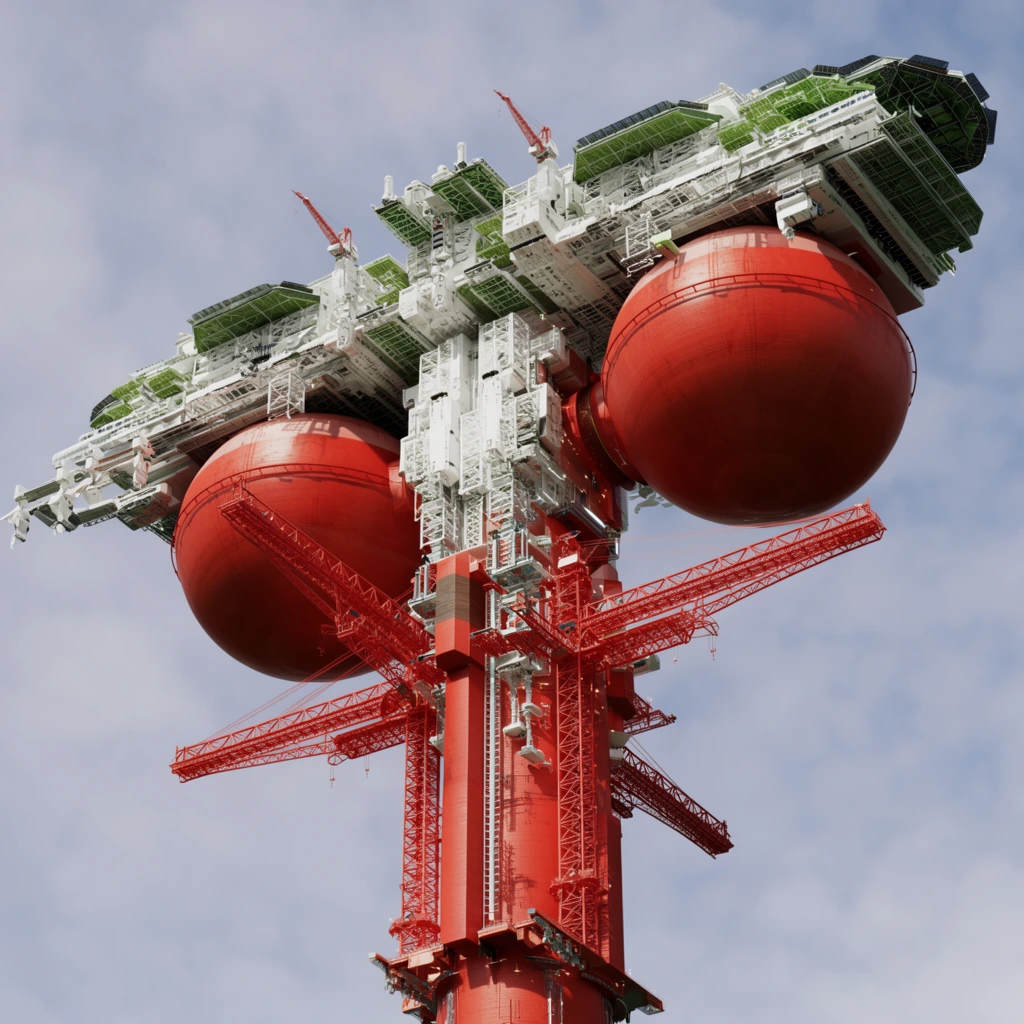 A colossal industrial orbital structure extends upward into a pale blue sky with soft white clouds. Viewed from a dramatic low angle, a long central red cylindrical column is flanked by two enormous red spherical pressure tanks. Intricate bright red lattice cranes jut outward from the main body. The upper sections feature complex modular decks in white and green, dense with scaffolding and landing pads. The realistic bright lighting casts sharp shadows, emphasizing the hard-surface engineering and sheer scale of this futuristic architectural concept.