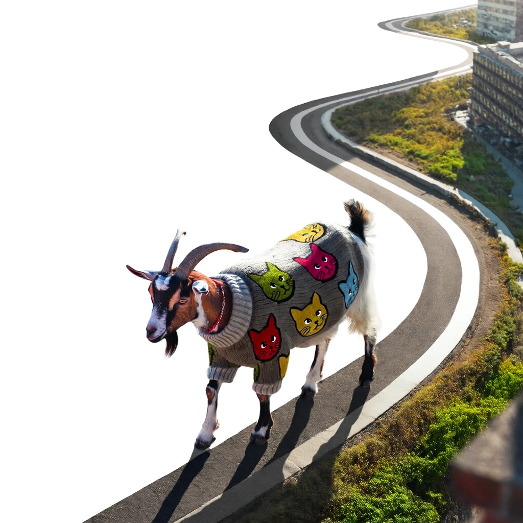 high-angle perspective, a goat wearing a chunky knitted sweater with bright cartoon cat heads, walking on a winding urban asphalt path with city structures on the right, isolated against a clean white background on the left, sharp natural sunlight, soft shadows, detailed wool textures, vertical composition with leading lines mimicking an s-curve, minimalist urban aesthetic, vibrant primary colors, hyper-realistic cgi, crisp commercial photography style