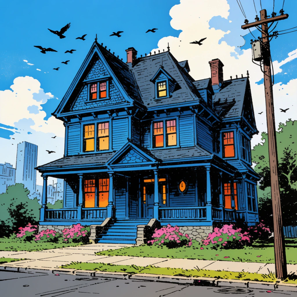 A comic-style illustration of a large blue Victorian house featuring a steep gabled roof, wide front porch, and warm orange light glowing from its multi-pane windows. Pink flower bushes line the stone foundation beside a paved sidewalk. Above, black birds fly across a vibrant blue sky with fluffy white clouds. The scene is rendered with bold black ink outlines and graphic cel-shaded colors, flanked by a wooden utility pole on the right and distant faded skyscrapers on the left.