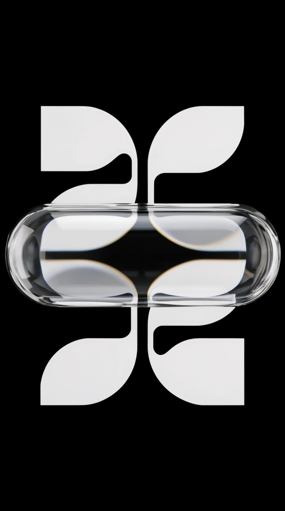 Crisp white geometric cutouts on a stark black background, intersected by a horizontal transparent glass capsule, optical refraction and distortion of the flat white shapes beneath the clear 3D curved surface, high contrast minimal aesthetic