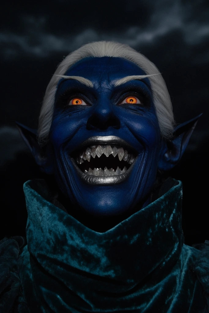 A low-angle, cinematic close-up of an elven warlock with deep sapphire-blue skin grinning maniacally against a pitch-black, stormy night sky. The figure has stark white hair slicked back, sharply arched eyebrows, and glowing orange eyes staring intensely upward. An exaggerated, wide smile reveals jagged crystalline teeth framed by metallic silver lips. Dramatic lighting from below casts deep shadows across the textured skin and prominent facial wrinkles, amplifying the unhinged expression. The warlock wears a heavy, high-collared teal velvet robe that envelops the lower neck and chest. Shot with a 35mm lens, the high-contrast lighting and shallow depth of field isolate the vivid, eerie features, creating a striking, gritty fantasy aesthetic.