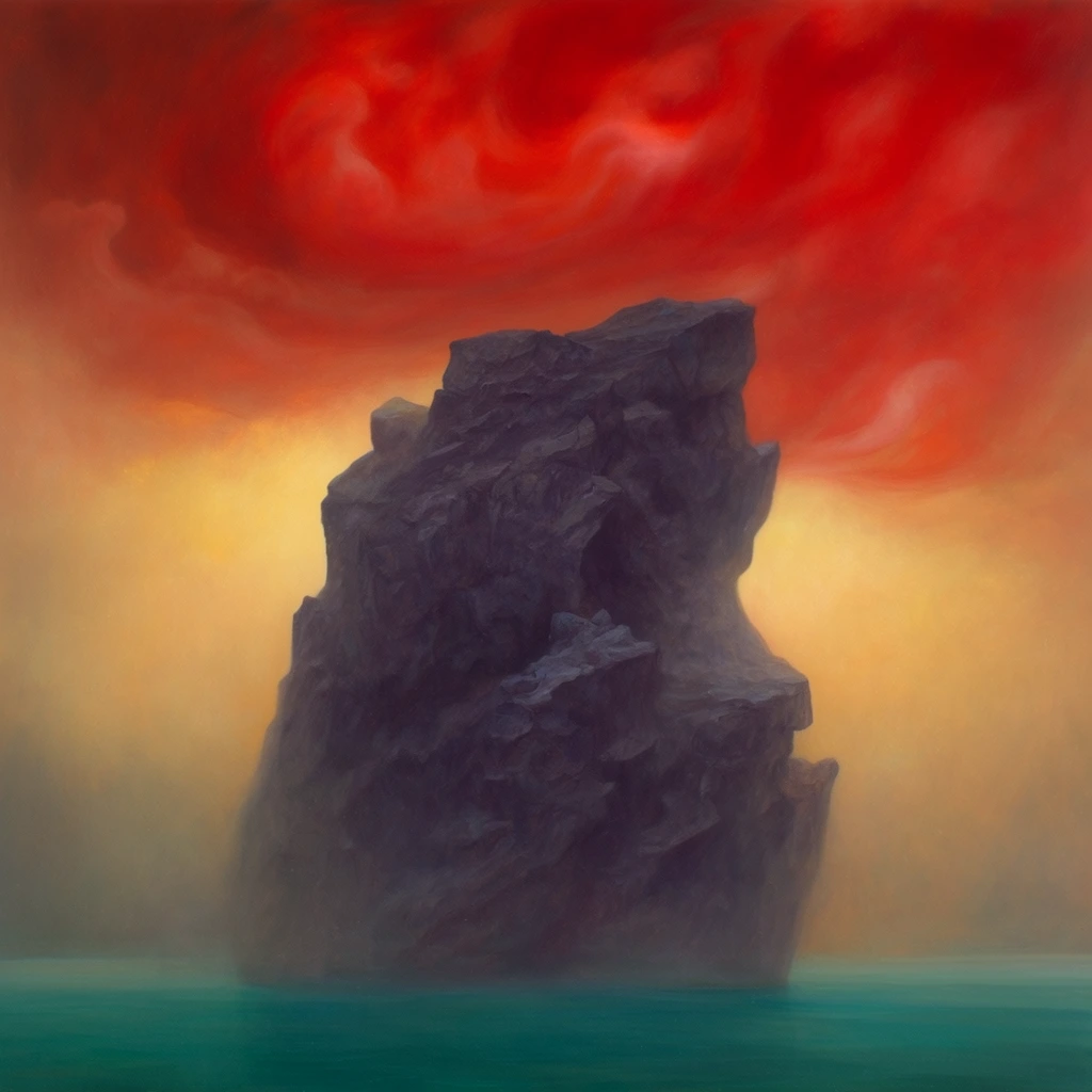 A dark, jagged monolith rises from flat teal waters against a dramatically swirling, fiery red sky. The massive, craggy rock formation is rendered in muted purples and charcoal greys. Above it, an atmospheric sky transitions from glowing golden-yellow behind the silhouette into billowing clouds of vibrant crimson. The surreal oil painting style features soft, smoky brushwork and blending in a hazy, dreamlike atmosphere, contrasting vividly with the imposing, desolate central mass.