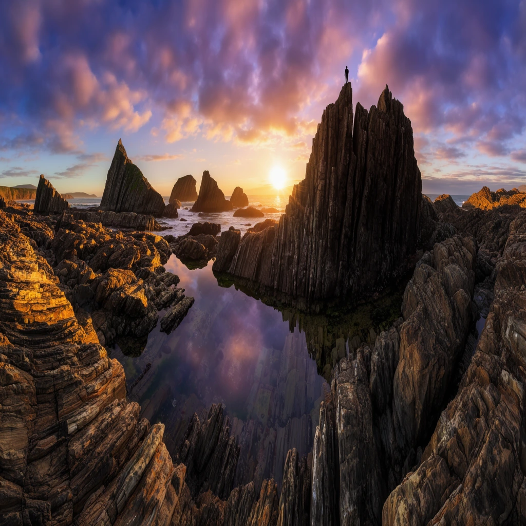 tiny human silhouette atop a jagged rock spire, panoramic coastal landscape, massive dark rocks with vertical striations, warm golden sunlight on rough stone textures, calm tide pool reflecting purple and orange sunset clouds, bright sunburst behind distant sea stacks, ultra-wide angle perspective, high dynamic range photography, epic scale