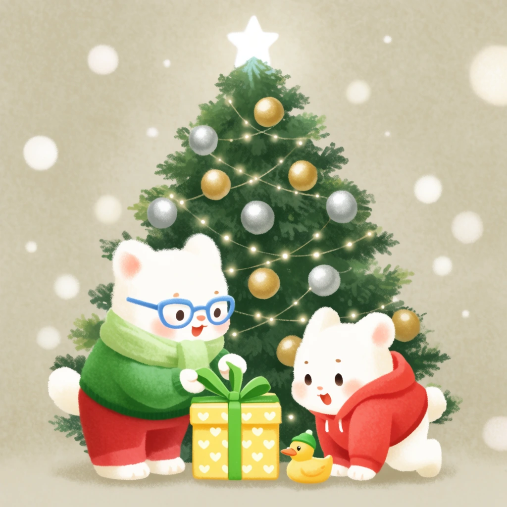 Two fluffy white anthropomorphic animal characters exchange a gift beneath a towering Christmas tree. The left character, wearing blue glasses, a green sweater, a light green scarf, and red pants, pulls the green ribbon of a yellow present box patterned with white hearts. Beside it, a smaller character in a red hoodie leans forward eagerly next to a tiny toy duck wearing a green cap. The deep green pine tree behind them is topped with a bright white star and adorned with alternating silver and gold spherical ornaments connected by delicate glowing string lights. Soft, oversized white orbs drift gently against a textured, muted beige background. The digital artwork features a cozy storybook aesthetic with soft, pastel-like granular textures and a warm, whimsical atmosphere.