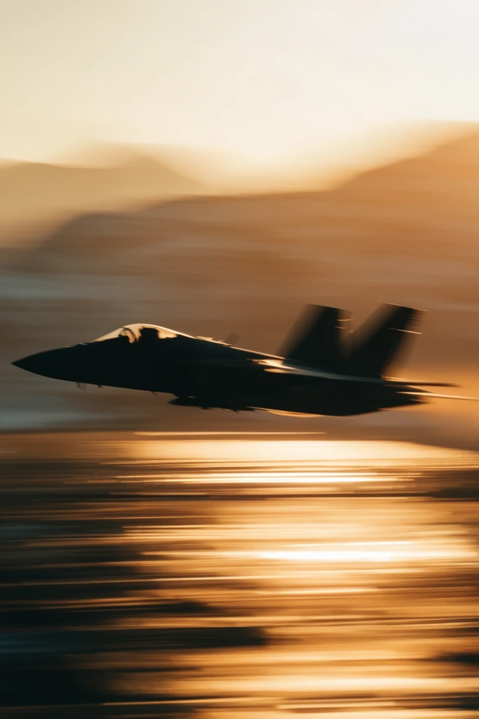 Fighter jet silhouette flying, extreme motion blur panning shot, warm golden hour lighting, streaking light reflections below, abstract blurred mountains