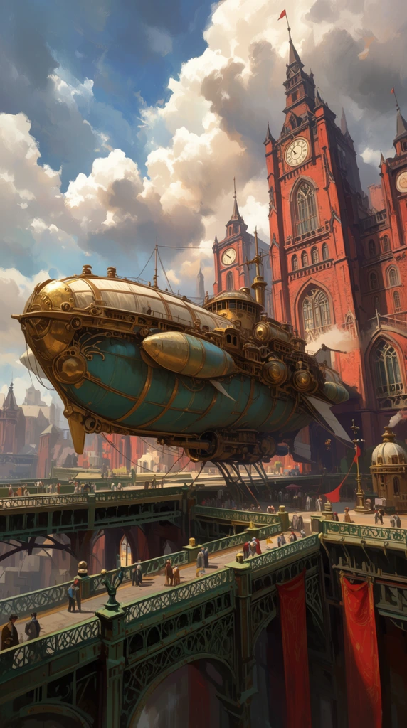 massive steampunk airship with brass and teal hull docked at an elevated city platform, towering gothic red brick architecture, clock towers, tiered structural docks with green metalwork and red banners, dramatic clouds, bright daylight, digital concept art, epic scale, warm sunlight