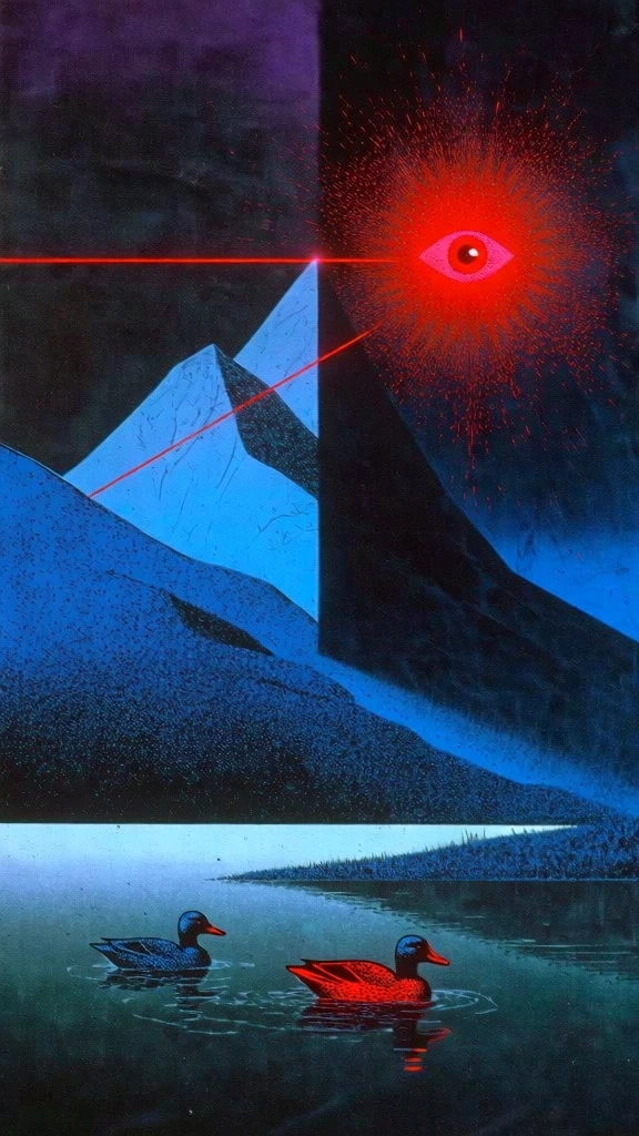 surrealist minimalist landscape, stippled deep blue mountain range, flat teal lake with swimming ducks, scene bisected by a sharp vertical shadow dividing indigo and black, a thin glowing red laser line cuts horizontally across the peaks toward a radiant red eye-sun in a starburst corona, heavy grainy airbrushed texture, 1980s retro-futurist sci-fi aesthetic, high contrast shadows, sharp geometric planes, moody cinematic atmosphere, analog collage feel.
