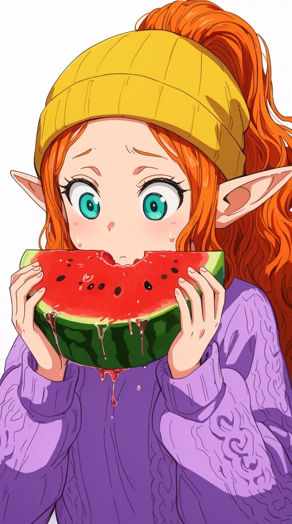 anime illustration, nervous elf girl with large turquoise eyes, wavy bright orange hair in a high ponytail, yellow beanie, oversized purple knitted sweater, sweat drop on cheek, holding a massive dripping watermelon slice with both hands near her mouth, taking a hesitant bite, clean line art, cel shading, bright lighting, white background