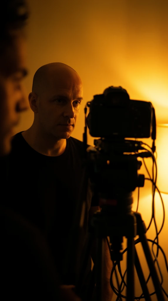 A bald man in a black t-shirt stands bathed in warm amber light, looking intently toward a professional camera. Mounted on a heavy tripod in the immediate foreground, the camera forms a dark silhouette with loose cables dangling from its rig. On the extreme left edge, the blurred profile of a camera operator frames the composition. A glowing golden light source illuminates the background wall, creating intense chiaroscuro contrast against the deep black foreground shadows. Shallow depth of field keeps the man's subtly illuminated face in sharp focus while heavily blurring the camera equipment, establishing a moody, cinematic aesthetic.