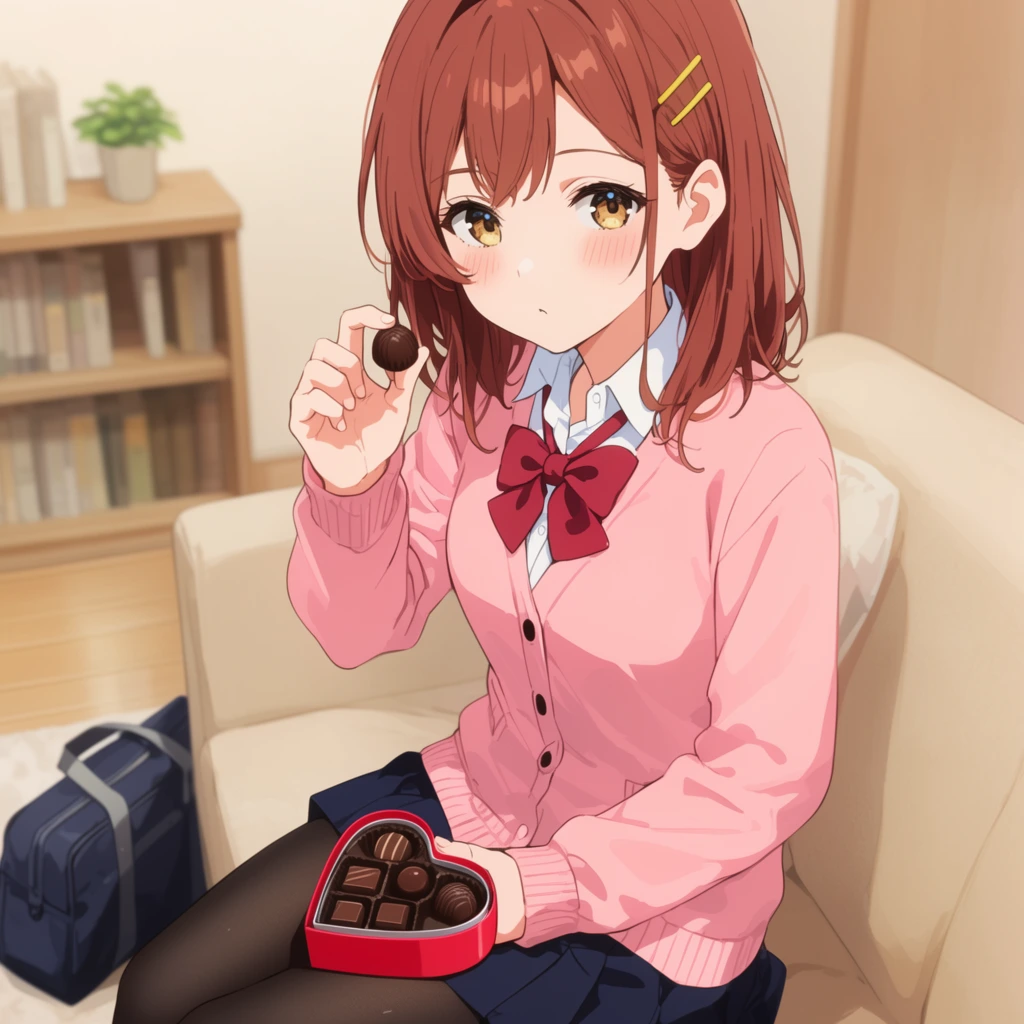 anime illustration of a teenage girl offering a chocolate truffle to the viewer, shoulder-length auburn hair with a yellow hairpin, golden eyes, flushed cheeks, wearing a pink cardigan over a white collared shirt, crossed red ribbon tie, dark blue pleated skirt, black tights, sitting on a beige sofa, holding a dark round chocolate between her fingers, red heart-shaped chocolate box on her lap, navy school bag on the light wooden floor, softly blurred background containing a wooden bookshelf and small potted plant, warm pastel color palette, soft ambient indoor lighting, detailed cel-shaded anime rendering