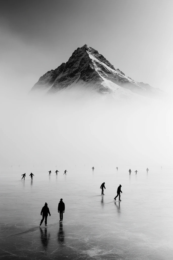 A minimalist black and white landscape of tiny silhouetted figures ice skating and walking across a vast frozen expanse. A thick atmospheric fog obscures the horizon, isolating a solitary snow-dusted mountain peak emerging dramatically in the upper center.