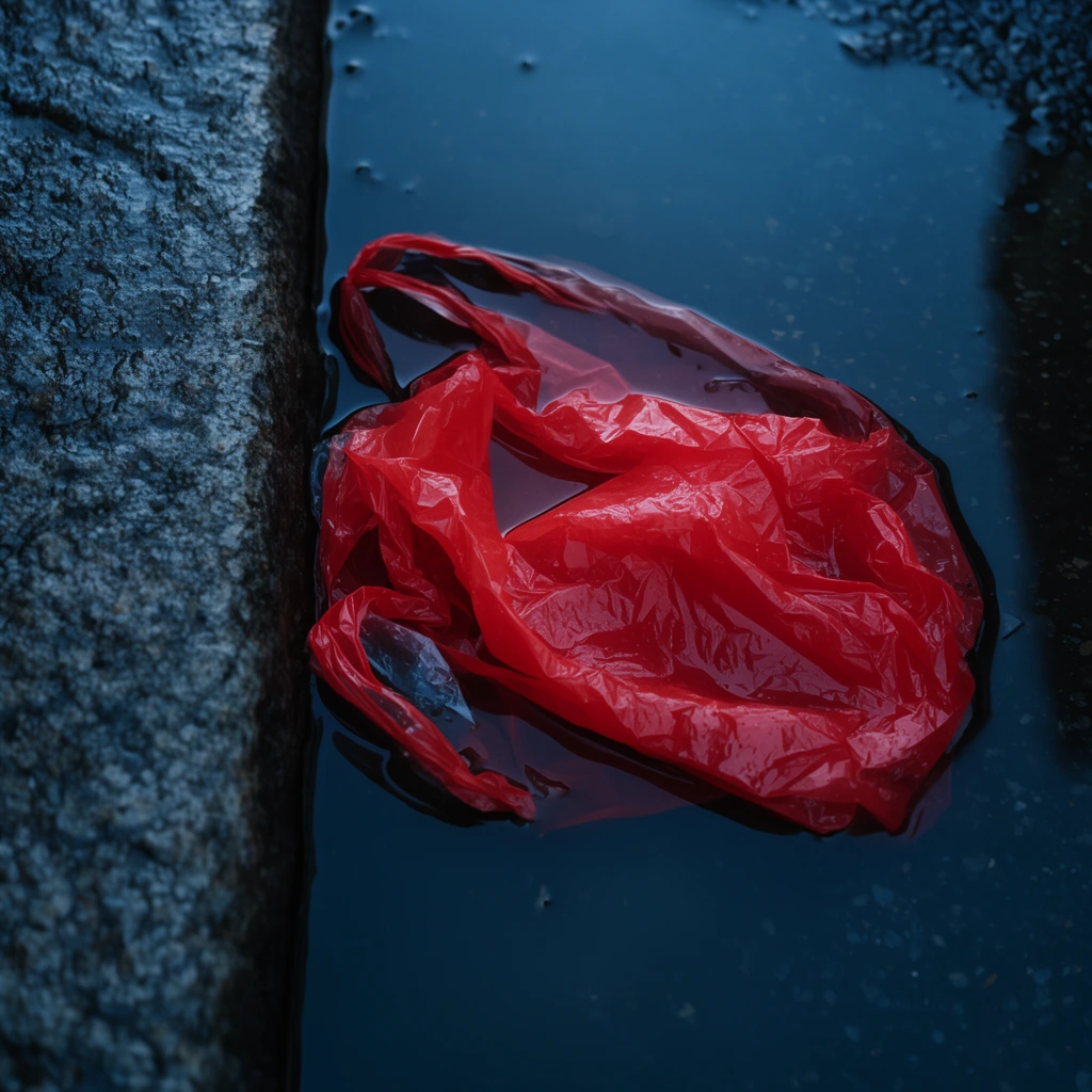 crumpled bright red plastic bag floating in dark puddle, rough grey stone curb on left edge, partially submerged plastic, wet reflective surfaces, deep blue water contrasting with vivid red subject, moody cinematic lighting, top-down angle