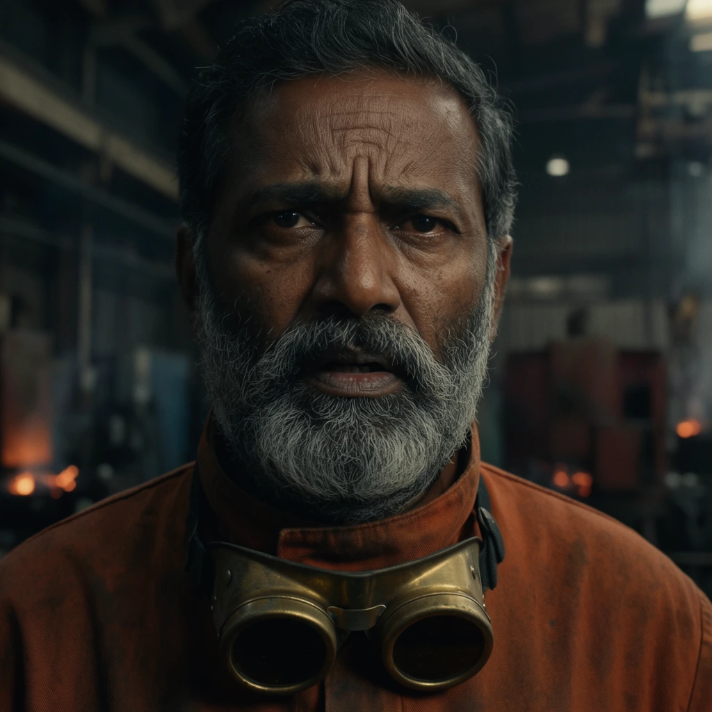 A close-up cinematic portrait of an older South Asian man with a thick, salt-and-pepper beard and deep facial wrinkles staring forward with an intense, troubled expression. His brow is heavily furrowed and lips slightly parted. He wears a high-collared, burnt-orange mechanic's coverall with heavy brass welding goggles resting loosely around his neck. The softly blurred background reveals a dimly lit industrial workshop with dark metallic structures and faint glowing embers. Dramatic, moody lighting casts cool shadows that contrast against warm highlights on his weathered skin, shot with a shallow depth of field in a wide aspect ratio to emphasize the gritty atmospheric texture.