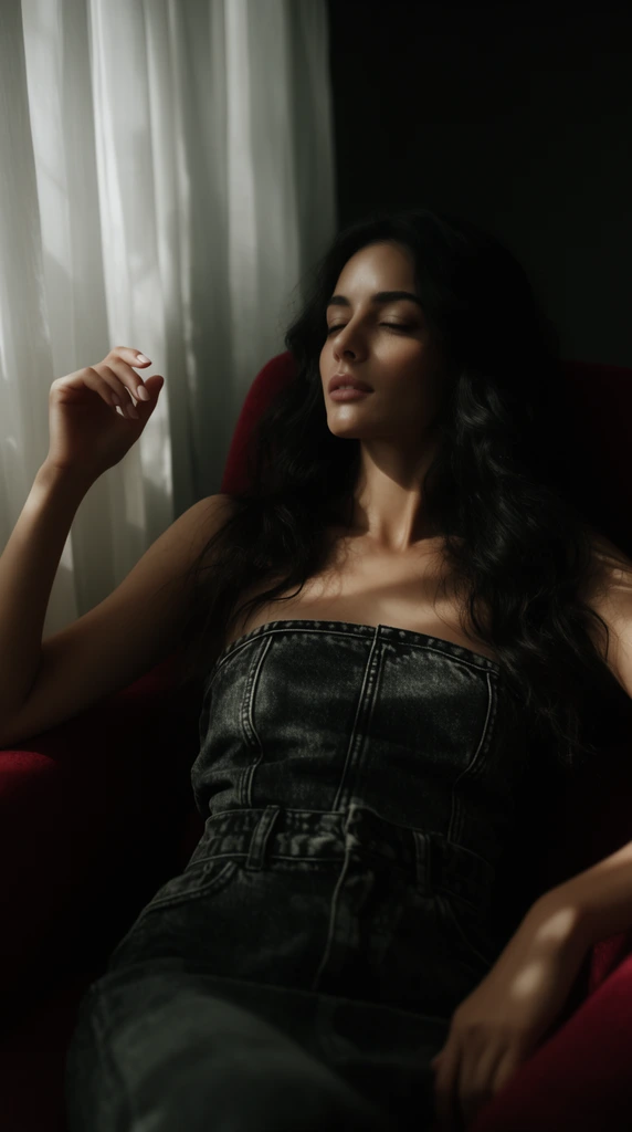Cinematic portrait of a woman with long dark wavy hair in a deep red armchair, wearing a strapless faded black denim top. Soft light filters through sheer white curtains on the left, creating striking chiaroscuro shadows across her serene face and the dark background. She rests an arm on the chair with her hand gently raised. Shot with low-key lighting and shallow depth of field.
