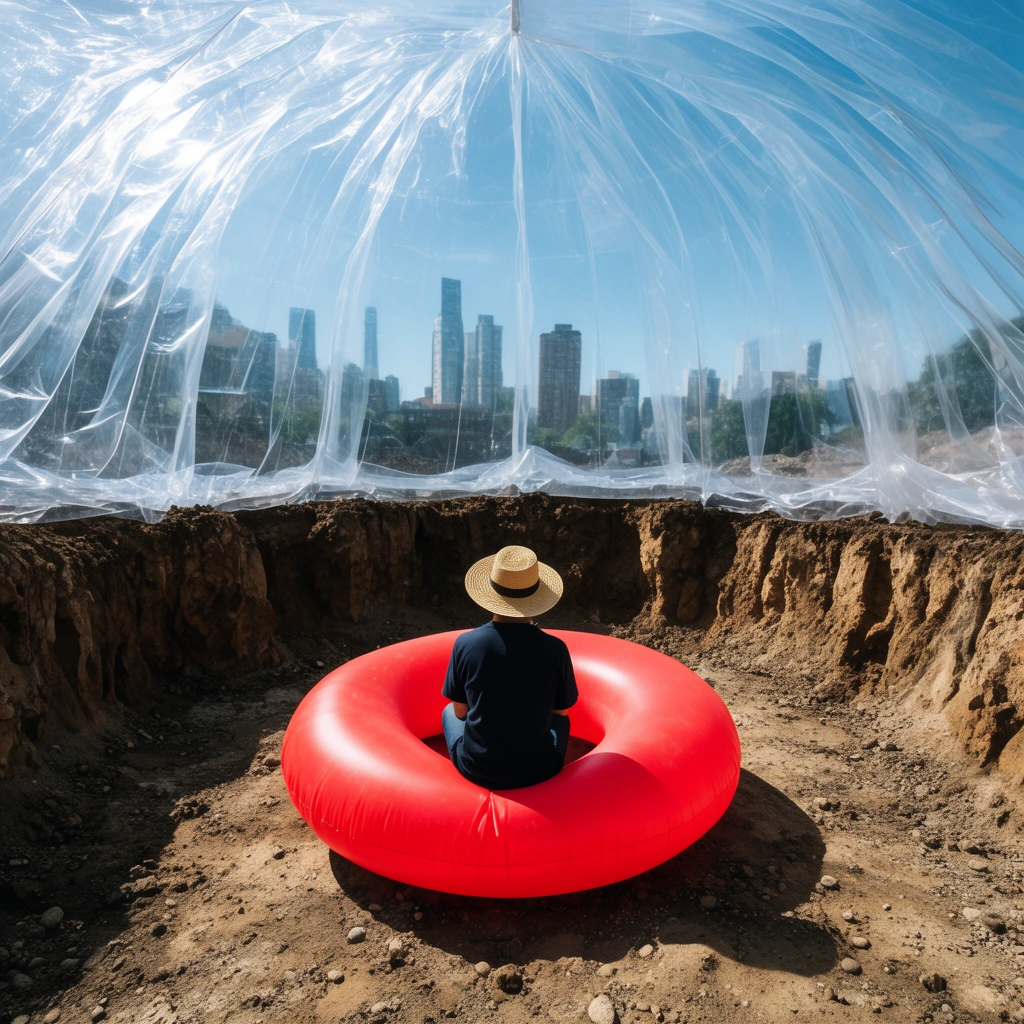 person in straw hat sitting on bright red inflatable donut inside translucent plastic dome, dirt floor, excavated earth walls, city skyline visible through wrinkled clear canopy, wide-angle shot, natural daylight
